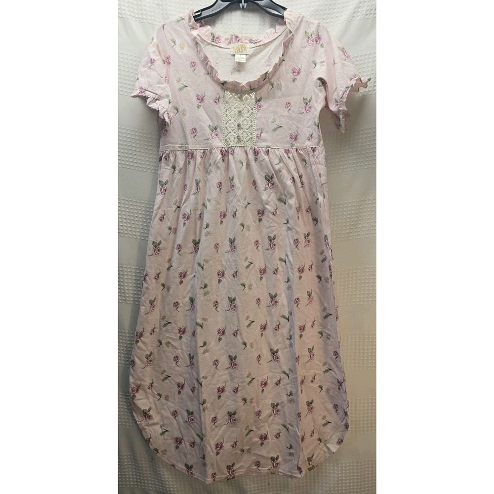 Laura Tyler Vintage Nightgown Pink Floral Lace Cotton Sleepwear Gown Small
